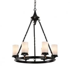 Cheap ⌛ Hartwell 6-Light Antique Black Modern Farmhouse Round Chandelier with White Cylinder Glass shades by Edvivi 🔥