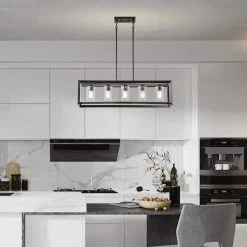 Deals 🥰 Richard 5-Light Antique Black Rectangular Kitchen Island Chandelier with Seeded Glass Shades by Edvivi 🔔 -Deals Edvivi || Atlas Store antique black edvivi chandeliers epd6265bk 31 1000