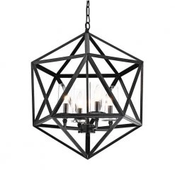 Outlet 💯 Renzo 4-Light Antique Black Geometric Iron Modern Farmhouse Cage Chandelier with Clear Glass Shades by Edvivi ✔️
