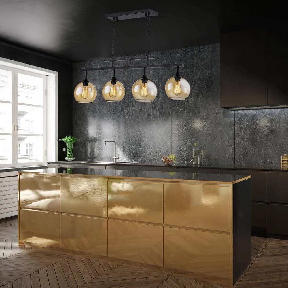 Buy ๐ Walden 4-Light Antique Black Industrial Linear Kitchen Island Chandelier with Amber Glass Shade by Edvivi ๐ 6 Buy ๐ Walden 4-Light Antique Black Industrial Linear Kitchen Island Chandelier with Amber Glass Shade by Edvivi ๐ - Image 4
