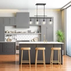 Outlet ❤️ Walden 4-Light Antique Black Industrial Linear Hanging Chandelier for Kitchen with Clear Glass Shades by Edvivi 🔥 -Deals Edvivi || Atlas Store antique black edvivi chandeliers eps1255bk 4f 1000