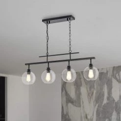 Outlet ❤️ Walden 4-Light Antique Black Industrial Linear Hanging Chandelier for Kitchen with Clear Glass Shades by Edvivi 🔥 -Deals Edvivi || Atlas Store antique black edvivi chandeliers eps1255bk e1 1000