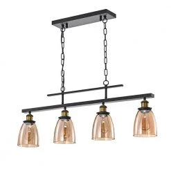 Outlet 👍 Walden 4-Light Traditional Antique Black Linear Kitchen Chandelier with Amber Glass Shades by Edvivi 🎉