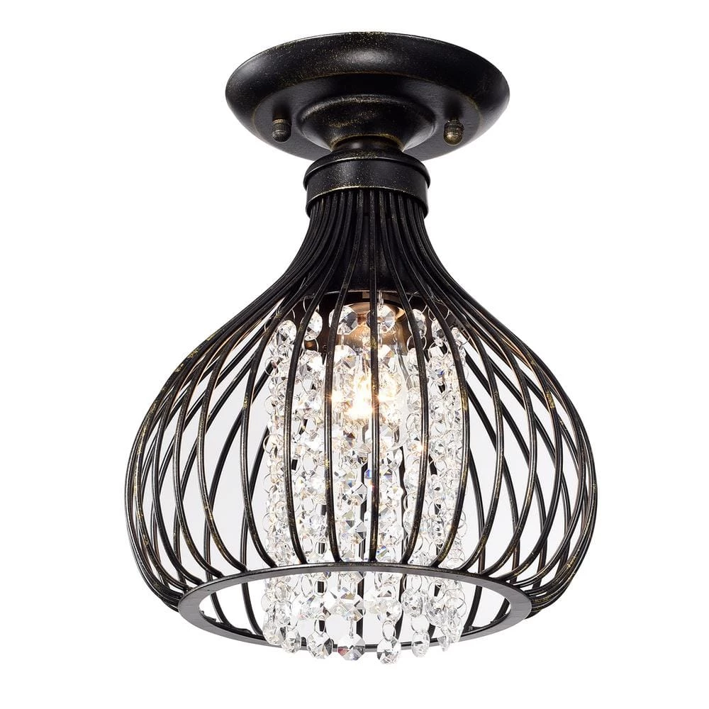 Hot Sale ⌛ Clara 9 in. 1-Light Glam Antique Bronze Metal Semi-Flush Mount with Black Cage and Hanging Crystals by Edvivi ✨ 3 Hot Sale ⌛ Clara 9 in. 1-Light Glam Antique Bronze Metal Semi-Flush Mount with Black Cage and Hanging Crystals by Edvivi ✨