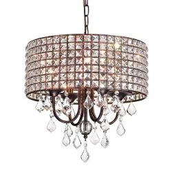 Discount ๐ฅฐ Marya 4-Light Glam Antique Copper Round Chandelier with Square Beaded Drum Shade and Hanging Clear Glass Crystals by Edvivi ๐