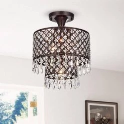Outlet 😍 Marya Glam 12 in. 3-Light Antique Copper Beaded Dual Drum Semi-Flush Mount with Hanging Crystals by Edvivi 😉 -Deals Edvivi || Atlas Store antique copper edvivi flush mount lights esg815sac 31 1000