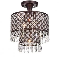 Outlet 😍 Marya Glam 12 in. 3-Light Antique Copper Beaded Dual Drum Semi-Flush Mount with Hanging Crystals by Edvivi 😉
