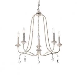 Buy โ๏ธ Hartsville 5-Light Rustic Distressed Antique White Farmhouse Candlestick Chandelier with Hanging Crystals by Edvivi โจ