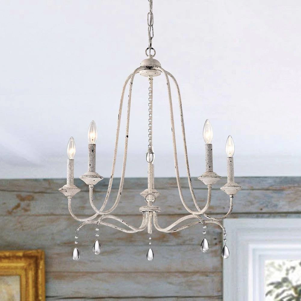 Buy ✔️ Hartsville 5-Light Rustic Distressed Antique White Farmhouse Candlestick Chandelier with Hanging Crystals by Edvivi ✨ 4 Buy ✔️ Hartsville 5-Light Rustic Distressed Antique White Farmhouse Candlestick Chandelier with Hanging Crystals by Edvivi ✨ - Image 2