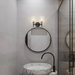 Coupon 🛒 Arlo 13 in. 2-Lights Black and Antique Brass Vanity Light with Clear Wine Glass Shades by Edvivi 💯 -Deals Edvivi || Atlas Store black and antique brass edvivi vanity lighting ew2634bkab 31 1000