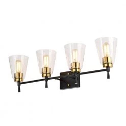 Hot Sale 🛒 Briarwood 30 in. 4-Lights Black and Antique Brass Vanity Light with Clear Glass Cone Shades by Edvivi 🔥 -Deals Edvivi || Atlas Store black and antique brass edvivi vanity lighting ew6984bkab 1f 1000