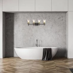 Hot Sale 🛒 Briarwood 30 in. 4-Lights Black and Antique Brass Vanity Light with Clear Glass Cone Shades by Edvivi 🔥 -Deals Edvivi || Atlas Store black and antique brass edvivi vanity lighting ew6984bkab 4f 1000