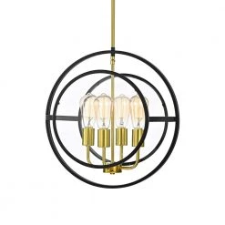 Flash Sale 🎁 Orbit 4-Light Mid-Century Modern Black and Antique Gold Circular Chandelier with Clear Glass Panel by Edvivi 🎁