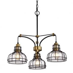 Best Pirce 🛒 Paris 3-Light Black and Antique Gold Industrial Chandelier with Black Cage and Clear Glass Shade by Edvivi ⭐