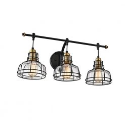 Promo 😀 Paris 3-Light Industrial Black and Antique Gold Vanity with Clear Glass Shades and Black Cage by Edvivi ✔️