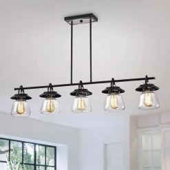 Outlet ❤️ Winslett 5-Light Farmhouse Black and Brushed Nickel Industrial Kitchen Island Pendant with Clear Glass Shades by Edvivi 😉 -Deals Edvivi || Atlas Store black and brushed nicke edvivi chandeliers epd445bkbn 40 1000