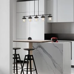 Outlet ❤️ Winslett 5-Light Farmhouse Black and Brushed Nickel Industrial Kitchen Island Pendant with Clear Glass Shades by Edvivi 😉 -Deals Edvivi || Atlas Store black and brushed nicke edvivi chandeliers epd445bkbn c3 1000