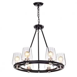 Coupon 🤩 Hartwell 6-Light Modern Farmhouse Black and Brushed Nickel Wagon Wheel Chandelier with Seeded Glass Shade by Edvivi ⭐