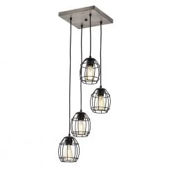 Flash Sale 🌟 Triscot 4-Light Modern Farmhouse Gray Wood Cluster Pendant with Black Cage by Edvivi 🧨