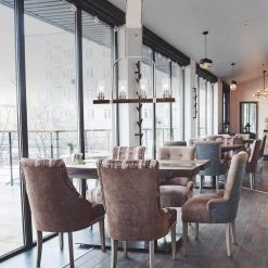 Buy 🎉 Szeto 4-Light Contemporary Brushed Nickel and Wood Finish Linear Chandelier with Seedy Glass Shades by Edvivi 🥰 -Deals Edvivi || Atlas Store brushed nickel and wood edvivi chandeliers epd321wd 1f 1000