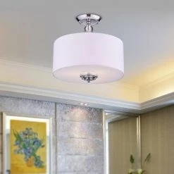 Best Pirce 💯 Coastal 3-Light Modern Chrome 16 in. Semi-Flush Mount with White Fabric Drum Shade by Edvivi 😀 -Deals Edvivi || Atlas Store chrome and white edvivi flush mount lights esb901ch 31 1000