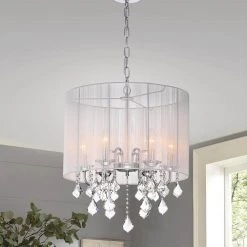 Budget 😀 Belle 6-Light Chrome Glam Chandelier with White Threaded Drum Shade and Clear Glass Hanging Crystals by Edvivi ✨ -Deals Edvivi || Atlas Store chrome edvivi chandeliers epg924wh 40 1000
