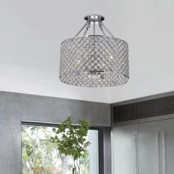 Deals ✔️ Marya 4-Light Modern Chrome Crystal Semi-Flush Mount Light with Clear Glass Crystal Beaded Drum Shade by Edvivi ✨ -Deals Edvivi || Atlas Store chrome edvivi flush mount lights esg802ch 31 1000