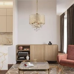 Wholesale 👏 Marya 4-Light Modern Gold Round Chandelier with Beaded Drum Shade /Hanging Clear Glass Crystals by Edvivi 🤩 -Deals Edvivi || Atlas Store gold edvivi chandeliers epg8018gd 1f 1000