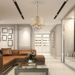 Wholesale 👏 Marya 4-Light Modern Gold Round Chandelier with Beaded Drum Shade /Hanging Clear Glass Crystals by Edvivi 🤩 -Deals Edvivi || Atlas Store gold edvivi chandeliers epg8018gd 44 1000