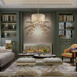 Wholesale 👏 Marya 4-Light Modern Gold Round Chandelier with Beaded Drum Shade /Hanging Clear Glass Crystals by Edvivi 🤩 -Deals Edvivi || Atlas Store gold edvivi chandeliers epg8018gd 76 1000