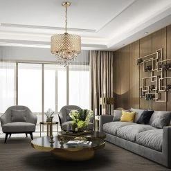 Wholesale 👏 Marya 4-Light Modern Gold Round Chandelier with Beaded Drum Shade /Hanging Clear Glass Crystals by Edvivi 🤩 -Deals Edvivi || Atlas Store gold edvivi chandeliers epg8018gd fa 1000