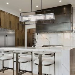 Budget ⌛ Glimmer 5-Light Glam Matte Black and Brushed Nickel Frame Linear Chandelier with Crystals by Edvivi 👍 -Deals Edvivi || Atlas Store matte black and brushed nickel edvivi chandeliers epd338bk 4f 1000