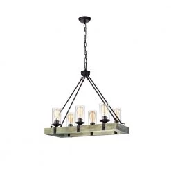 Best deal 👏 Elk 6-Light Matte Black and Vintage Wood Farmhouse Linear Chandelier with Clear Glass Shades by Edvivi 🥰