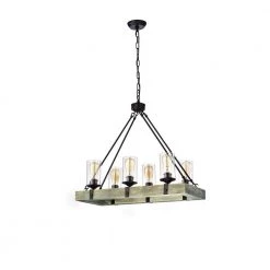 Best deal 👏 Elk 6-Light Matte Black and Vintage Wood Farmhouse Linear Chandelier with Clear Glass Shades by Edvivi 🥰 -Deals Edvivi || Atlas Store matte black and vintage wood edvivi chandeliers epd582wd 66 1000
