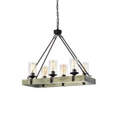 Best deal 👏 Elk 6-Light Matte Black and Vintage Wood Farmhouse Linear Chandelier with Clear Glass Shades by Edvivi 🥰 -Deals Edvivi || Atlas Store matte black and vintage wood edvivi chandeliers epd582wd 76 1000