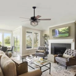 Outlet 😍 Ella 52 in. Indoor Matte Black Glam Ceiling Fan with Crystal Light Kit and Remote Control by Edvivi ⭐ -Deals Edvivi || Atlas Store matte black edvivi ceiling fans with lights ffg7765bk 1f 1000