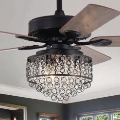 Outlet 😍 Ella 52 in. Indoor Matte Black Glam Ceiling Fan with Crystal Light Kit and Remote Control by Edvivi ⭐ -Deals Edvivi || Atlas Store matte black edvivi ceiling fans with lights ffg7765bk 40 1000