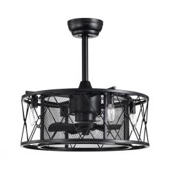 Hot Sale 😍 20 in. Industrial Indoor Matte Black Mesh Drum Reversible Ceiling Fan with Light Kit and Remote Control by Edvivi 🎁 -Deals Edvivi || Atlas Store matte black edvivi ceiling fans with lights ffn7645bk 1f 1000