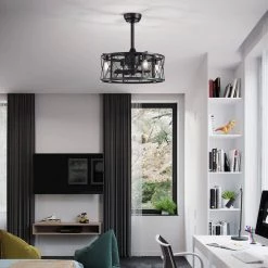 Hot Sale 😍 20 in. Industrial Indoor Matte Black Mesh Drum Reversible Ceiling Fan with Light Kit and Remote Control by Edvivi 🎁 -Deals Edvivi || Atlas Store matte black edvivi ceiling fans with lights ffn7645bk 31 1000