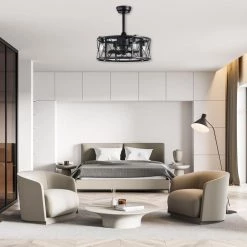 Hot Sale 😍 20 in. Industrial Indoor Matte Black Mesh Drum Reversible Ceiling Fan with Light Kit and Remote Control by Edvivi 🎁 -Deals Edvivi || Atlas Store matte black edvivi ceiling fans with lights ffn7645bk 4f 1000