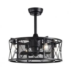 Hot Sale 😍 20 in. Industrial Indoor Matte Black Mesh Drum Reversible Ceiling Fan with Light Kit and Remote Control by Edvivi 🎁