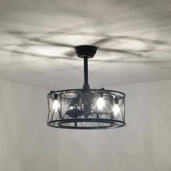 Hot Sale 😍 20 in. Industrial Indoor Matte Black Mesh Drum Reversible Ceiling Fan with Light Kit and Remote Control by Edvivi 🎁 -Deals Edvivi || Atlas Store matte black edvivi ceiling fans with lights ffn7645bk a0 1000