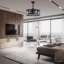 Hot Sale 😍 20 in. Industrial Indoor Matte Black Mesh Drum Reversible Ceiling Fan with Light Kit and Remote Control by Edvivi 🎁 -Deals Edvivi || Atlas Store matte black edvivi ceiling fans with lights ffn7645bk c3 1000