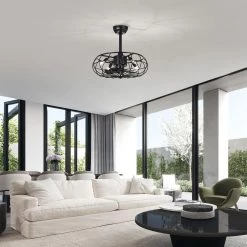 Discount 😀 21 in. Industrial Indoor Matte Black Cage Reversible Ceiling Fan with Light Kit and Remote Control by Edvivi 🎉 -Deals Edvivi || Atlas Store matte black edvivi ceiling fans with lights ffn7945bk 31 1000