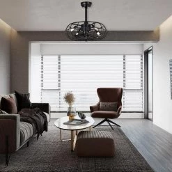 Discount 😀 21 in. Industrial Indoor Matte Black Cage Reversible Ceiling Fan with Light Kit and Remote Control by Edvivi 🎉 -Deals Edvivi || Atlas Store matte black edvivi ceiling fans with lights ffn7945bk 4f 1000