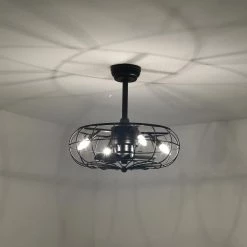 Discount 😀 21 in. Industrial Indoor Matte Black Cage Reversible Ceiling Fan with Light Kit and Remote Control by Edvivi 🎉 -Deals Edvivi || Atlas Store matte black edvivi ceiling fans with lights ffn7945bk a0 1000