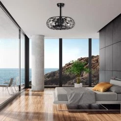 Discount 😀 21 in. Industrial Indoor Matte Black Cage Reversible Ceiling Fan with Light Kit and Remote Control by Edvivi 🎉 -Deals Edvivi || Atlas Store matte black edvivi ceiling fans with lights ffn7945bk c3 1000