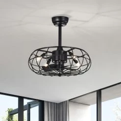 Discount 😀 21 in. Industrial Indoor Matte Black Cage Reversible Ceiling Fan with Light Kit and Remote Control by Edvivi 🎉 -Deals Edvivi || Atlas Store matte black edvivi ceiling fans with lights ffn7945bk e1 1000