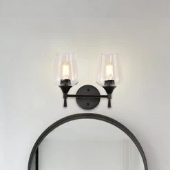 New 😀 Arlo 13 in. 2-Lights Matte Black Vanity Light with Clear Wine Glass Shades by Edvivi 🧨 -Deals Edvivi || Atlas Store matte black edvivi vanity lighting ew2625bk e1 1000