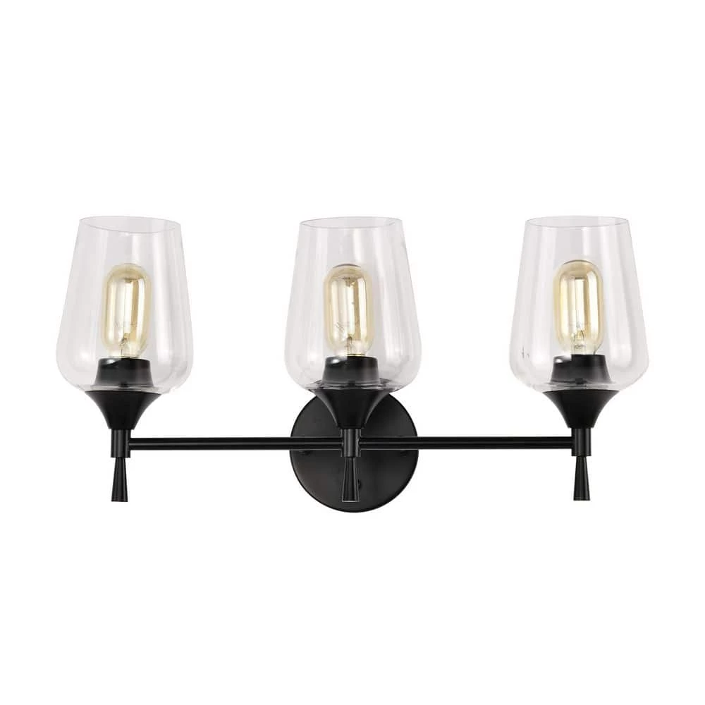 New ๐งจ Arlo 21 in. 3-Lights Matte Black Vanity Light with Clear Wine Glass Shades by Edvivi ๐ 3 New ๐งจ Arlo 21 in. 3-Lights Matte Black Vanity Light with Clear Wine Glass Shades by Edvivi ๐